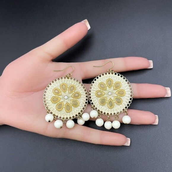 Yellow Gold with Champagne Crystal and White Beaded Medallion Hook Earrings - Picture 10 of 10